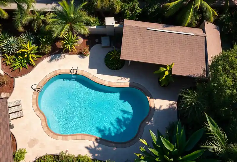 Illustration of backyard swimming pool with fresh plaster finish in a 1970-era home