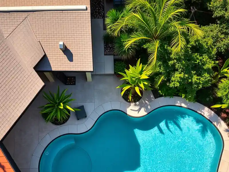Illustration of close-up of materials and finishes of backyard swimming pool with fresh plaster finish in a 1970-era home
