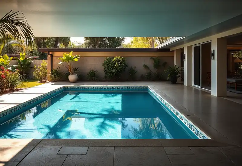 Illustration of backyard swimming pool with fresh plaster finish in a 1970-era home