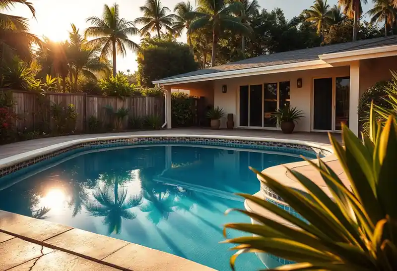 Illustration of backyard swimming pool with fresh plaster finish in a 1970-era home