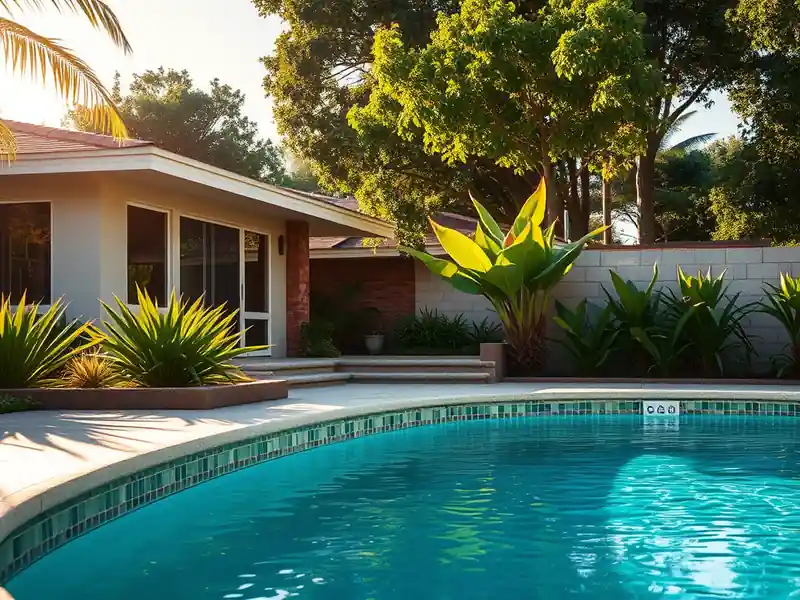 Illustration of close-up of materials and finishes of backyard swimming pool with fresh plaster finish in a 1970-era home