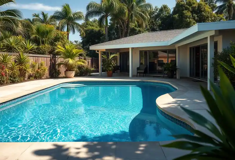 Illustration of backyard swimming pool with fresh plaster finish in a 1970-era home