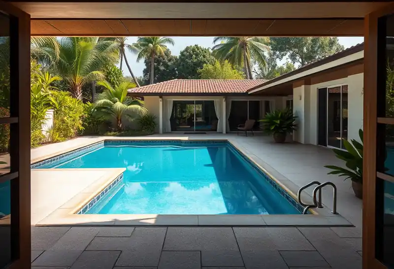 Illustration of backyard swimming pool with fresh plaster finish in a 1970-era home