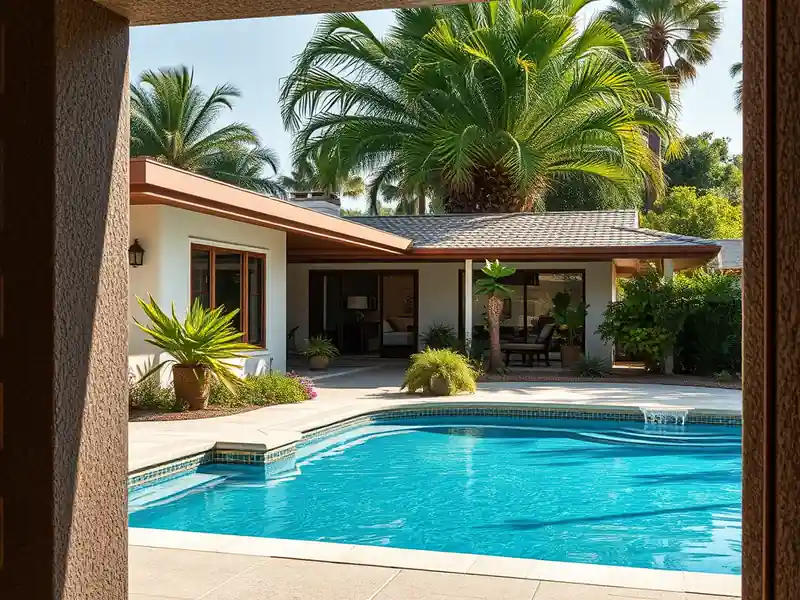 Illustration of close-up of materials and finishes of backyard swimming pool with fresh plaster finish in a 1970-era home