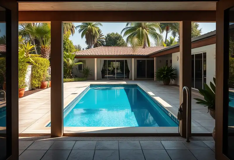 Illustration of backyard swimming pool with fresh plaster finish in a 1970-era home