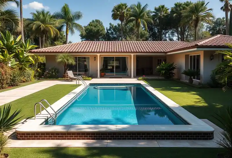 Illustration of backyard swimming pool with fresh plaster finish in a 1970-era home