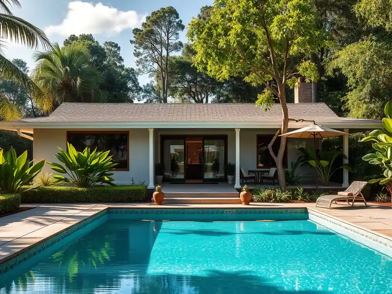 Illustration of close-up of materials and finishes of backyard swimming pool with fresh plaster finish in a 1970-era home