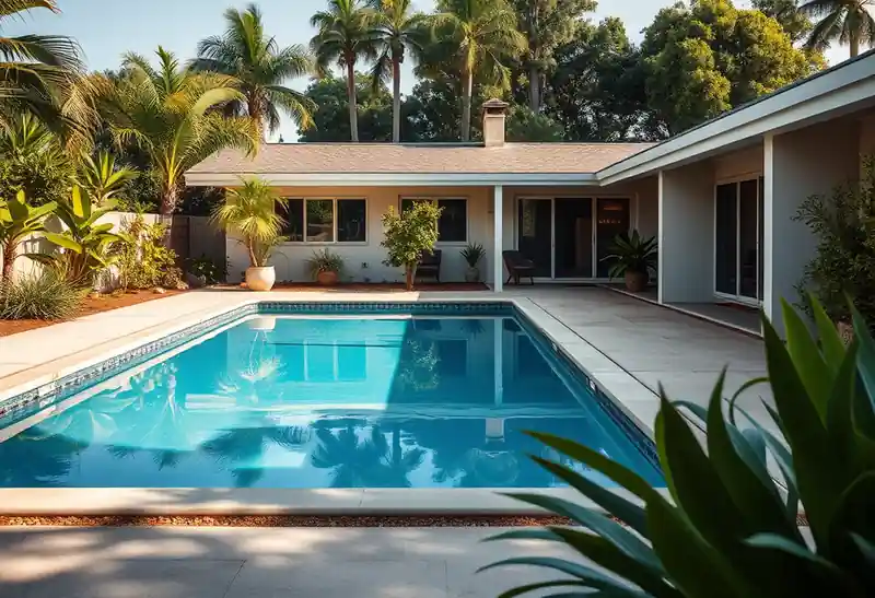 Illustration of backyard swimming pool with fresh plaster finish in a 1970-era home