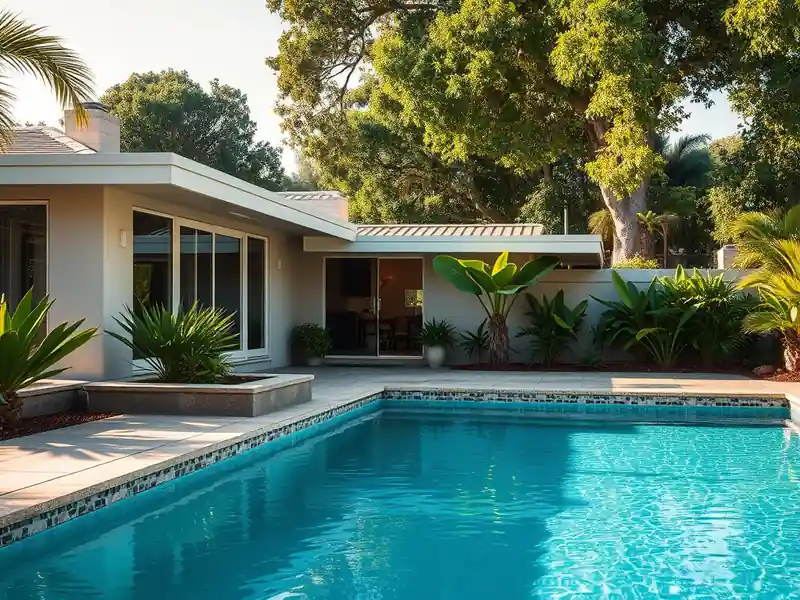Illustration of close-up of materials and finishes of backyard swimming pool with fresh plaster finish in a 1970-era home