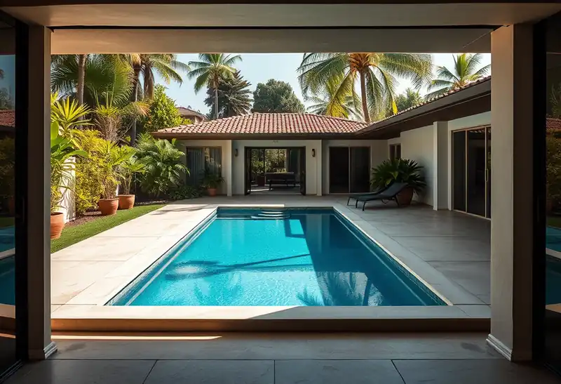 Illustration of backyard swimming pool with fresh plaster finish in a 1970-era home