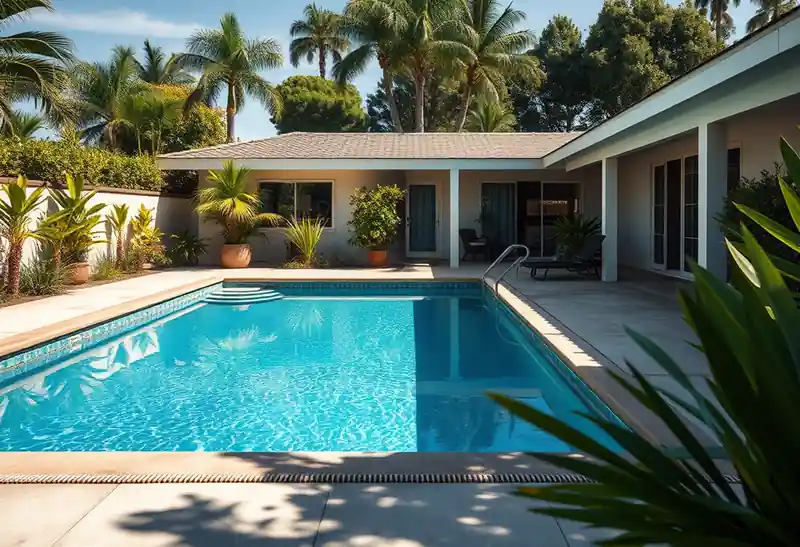 Illustration of backyard swimming pool with fresh plaster finish in a 1970-era home