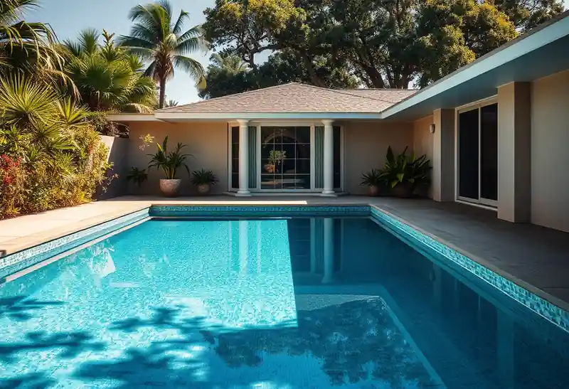 Illustration of backyard swimming pool with fresh plaster finish in a 1970-era home