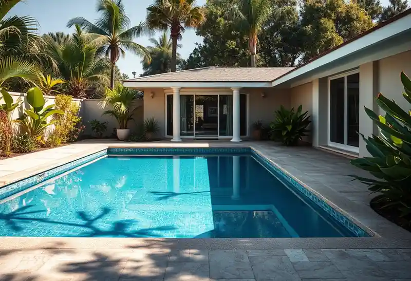 Illustration of backyard swimming pool with fresh plaster finish in a 1970-era home