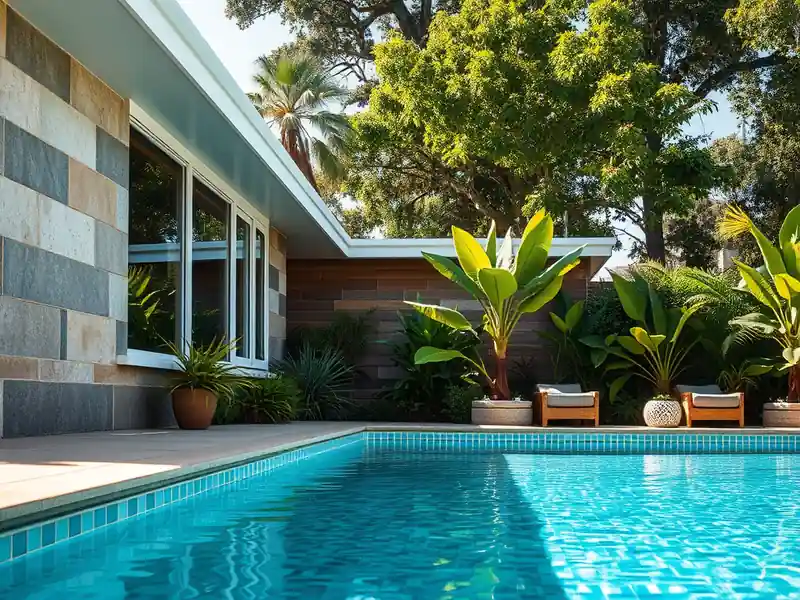 Illustration of close-up of materials and finishes of backyard swimming pool with fresh plaster finish in a 1970-era home